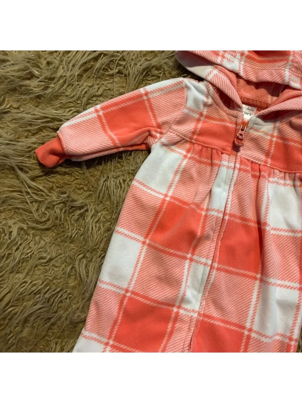 Carter's Coral and White Plaid Hooded Footie Baby Girl 3 months
